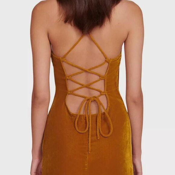 Staud Women's Velvet Bellamy Lace Up Dress Ocher - Picture 2 of 5